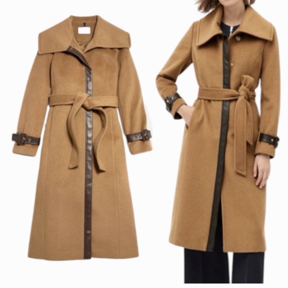 Cole Haan Camel Brown Wool Trench Coat with Dark Trim